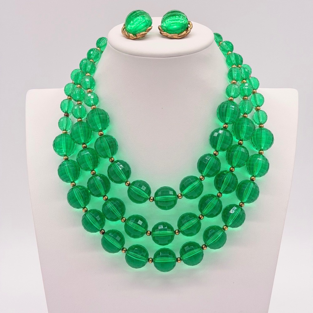 Vintage Emerald Green Lucite Bead Necklace Set Gold Tone Statement‎ Jewelry